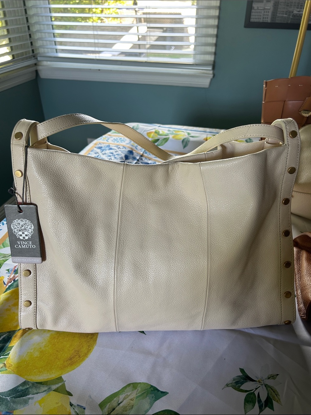Vince Camuto Leather Soft Pebbled Ivory Shoulder Bag with Gold-Tone Studs